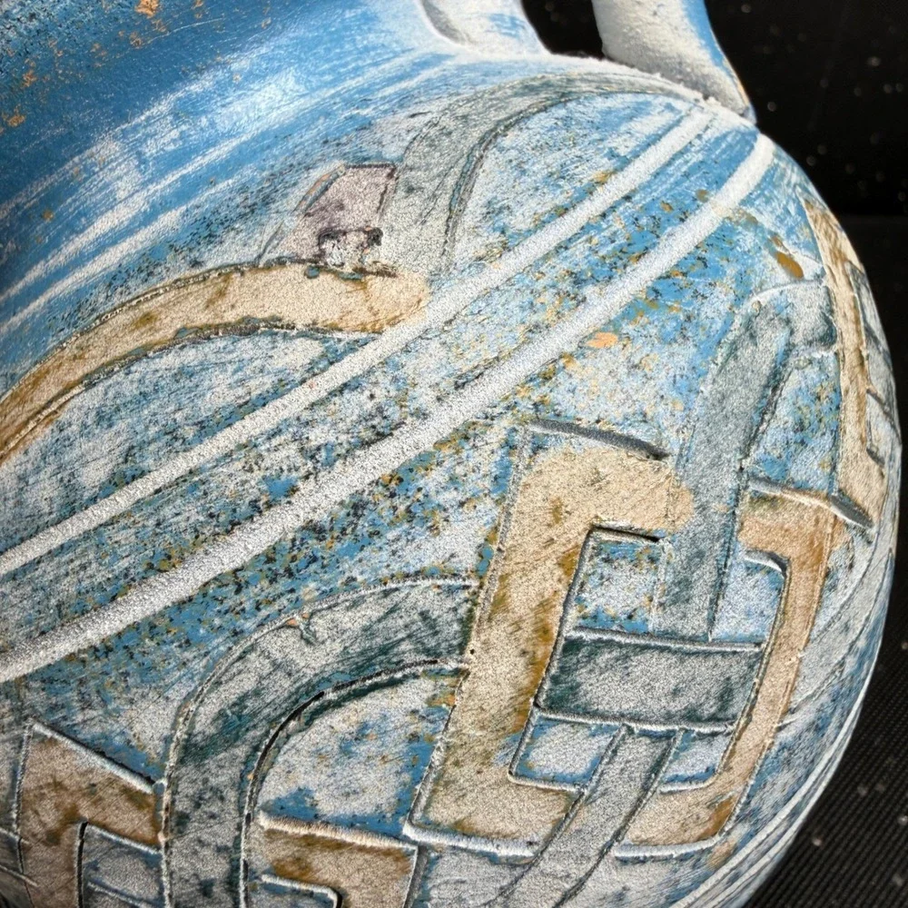 Andalusia Spain Studio Pottery Vase Blue White Geometric Carved 6in Handle VTG